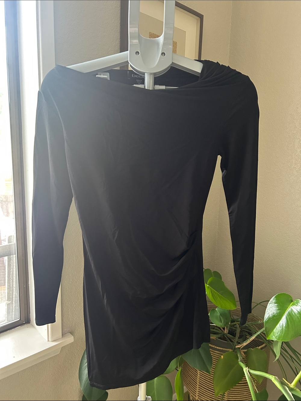 bebe Black One-Shoulder Ruched Long-Sleeve Mini Dress